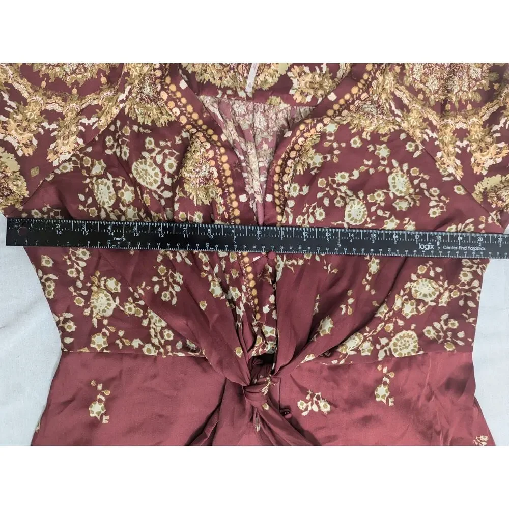 Free People Run Free Floral Tie Button Front Long Sleeve Blouse Boho